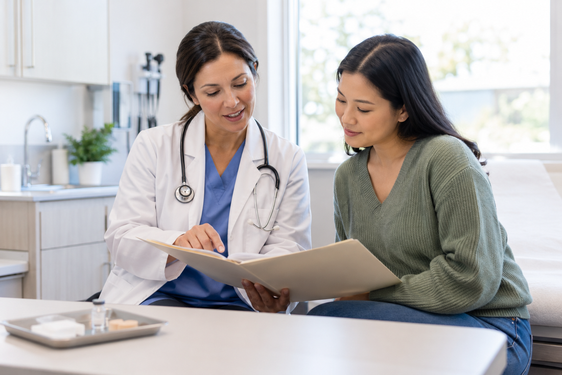 Woman reviewing a vaccination record with a healthcare professional before pregnancy