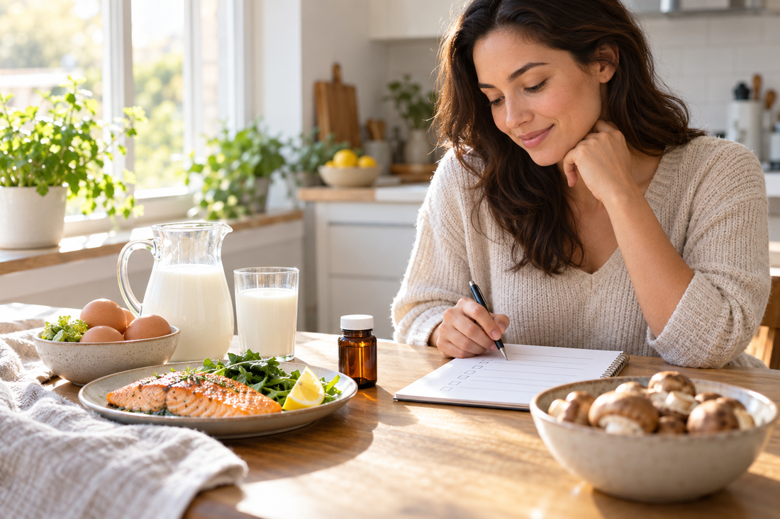 Woman reviewing a vitamin D nutrition checklist beside salmon, eggs, milk and mushrooms